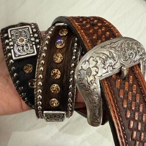 Nocona Calf Hair Leather Western Belt Rhinestone Concho Rodeo Cowboy Buckle 32